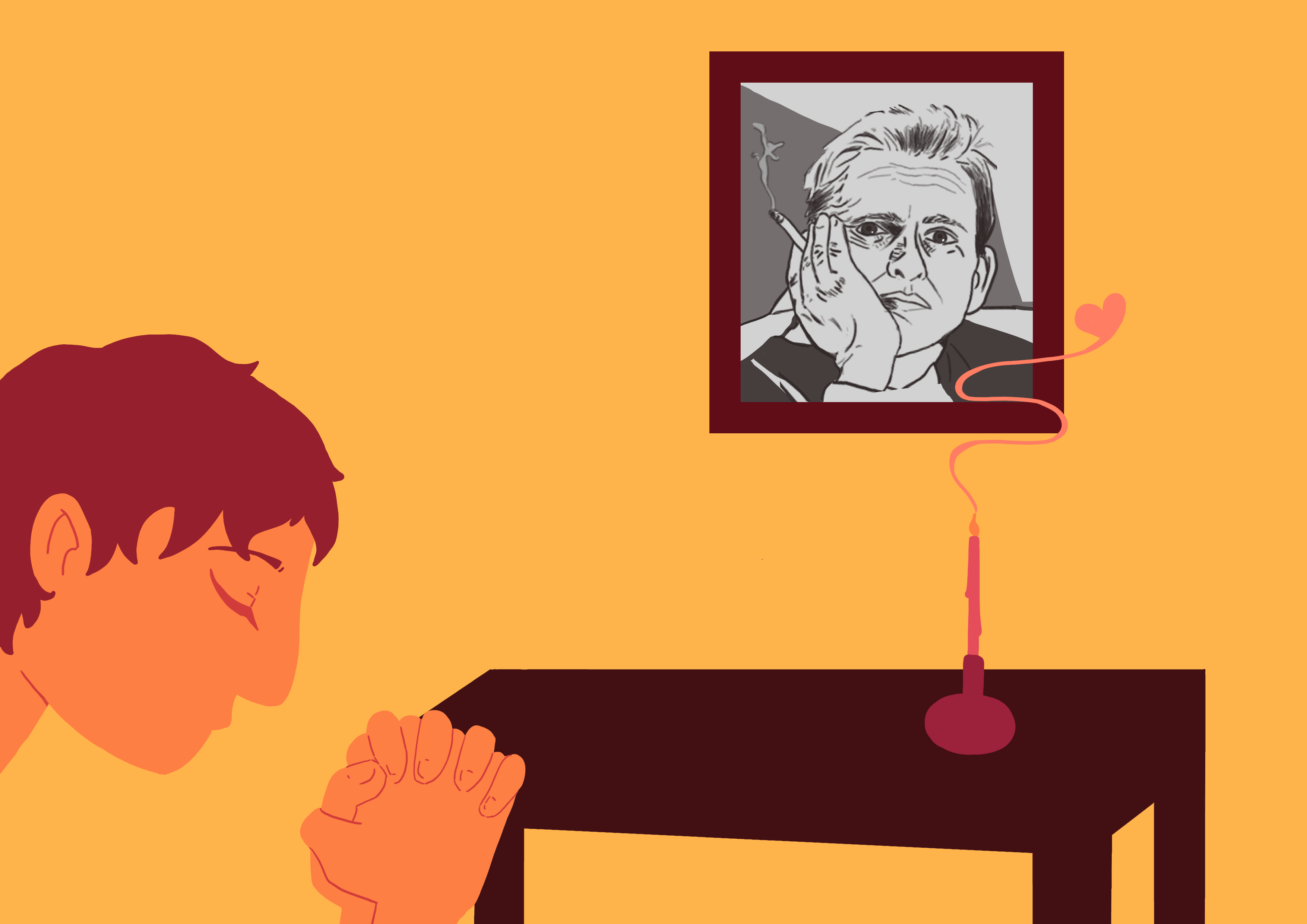 Illustration av en kille som ber framför ett altare för Olof Palme