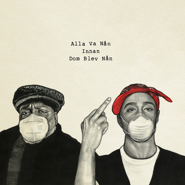 Illustration of two individuals wearing face masks, one with a patterned hat and the other with a red bandana, set against a beige background.